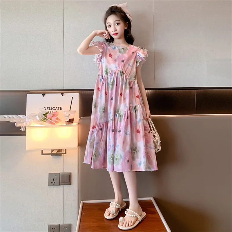 Girls Summer Dress 2024 New CuHK children Korean children\'s Western style floral dress 6-12 years old 15 years old