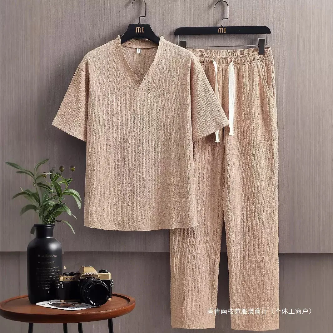 Summer Fashion Sports Fitness Linen Short-Sleeved T-shirt Set For Men Loose and Comfortable Breathable Large Size Two-Piece Set