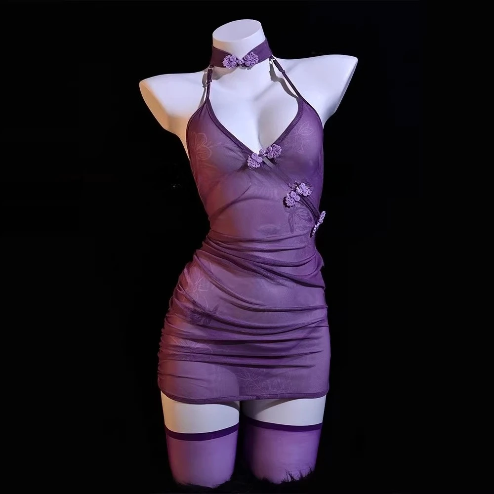 

2025 new purple sexy nightdress new Chinese royal sister cheongsam neck sling pajamas women