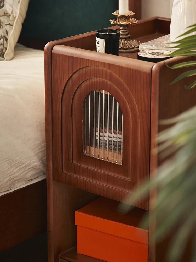 French retro solid wood bedside table, narrow side drawer storage medium antique bedside table