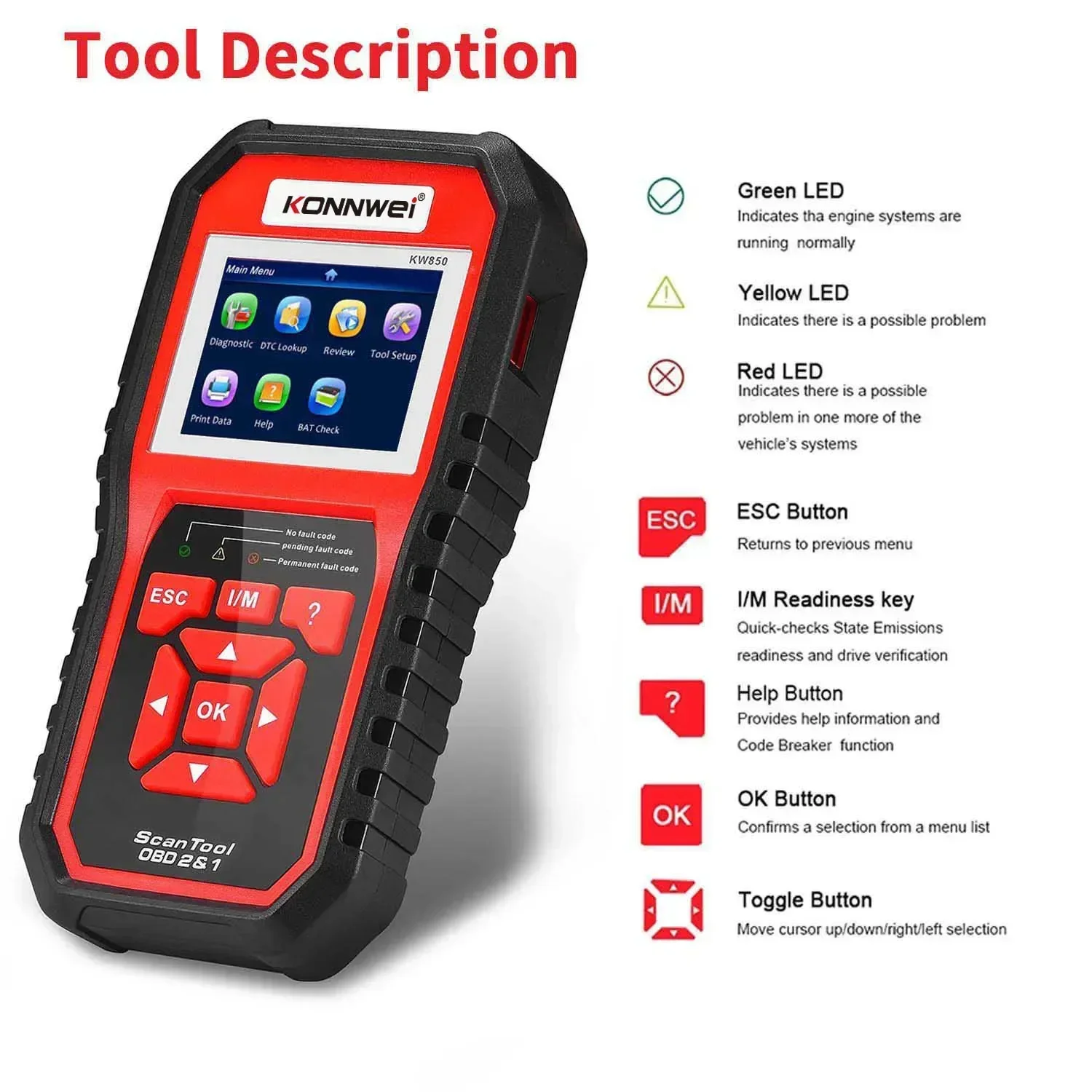 

KONNWEI KW850 Автомобильный сканер OBD2, профессиональный автомобильный диагностический сканер, инструменты OBD2, проверка двигателя, автомобильный считыватель кодов, аккумулятор
