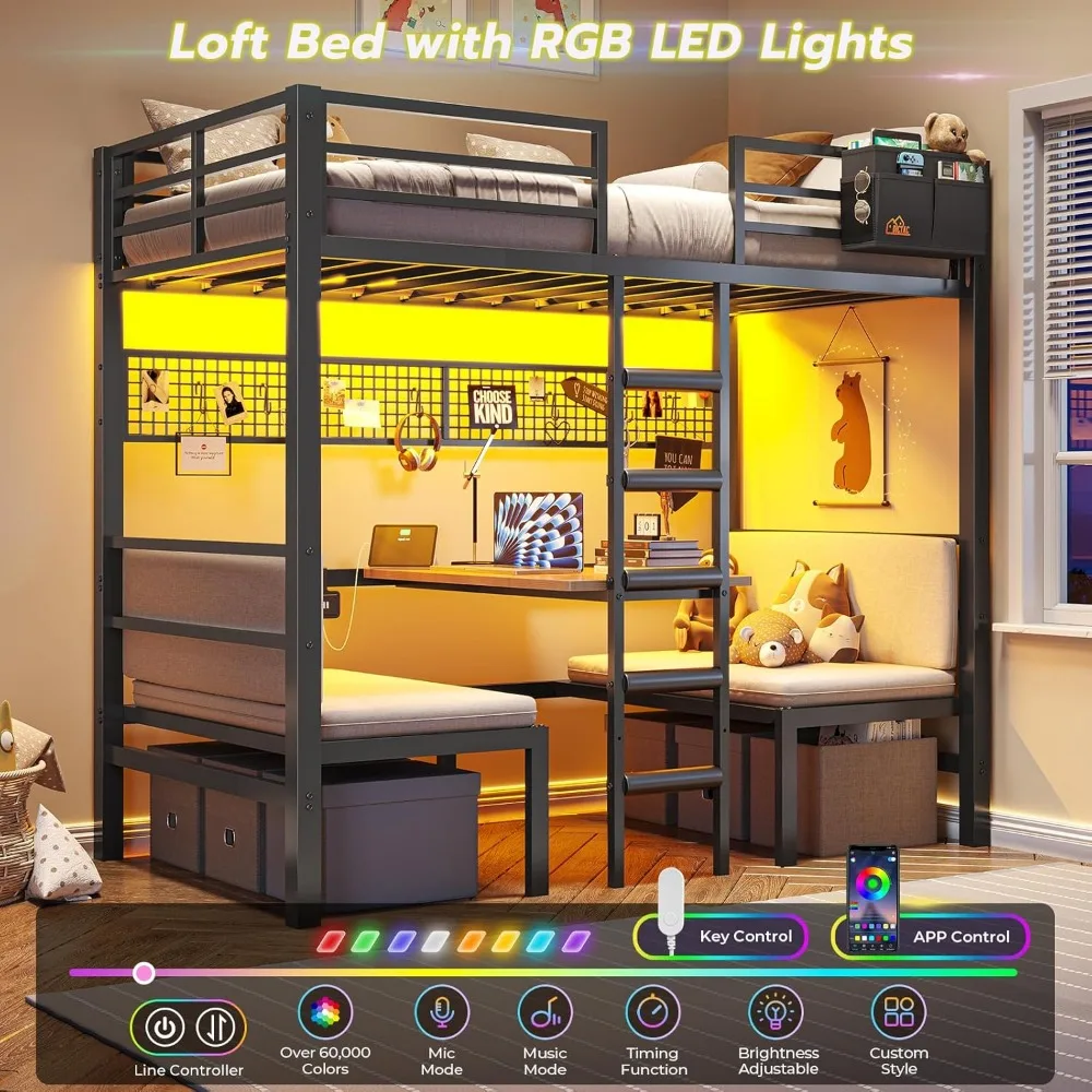 Lit superposé double avec lumières LED et station de recharge Lit mezzanine convertible Taille double avec bureau et siège Lit superposé en métal avec