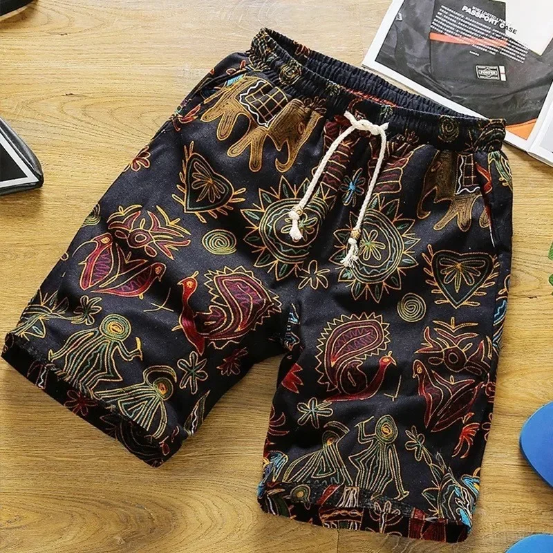 Pantalones cortos informales para hombre, ropa de calle con cordón impreso, de algodón y lino, a la moda, para playa, verano, 2019