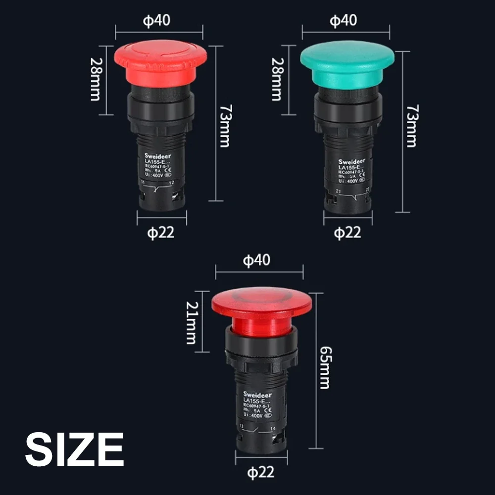 مفتاح زر فطر إيقاف الطوارئ ، لحظي ، إعادة ضبط ذاتي ، زر ضغط ، بدء تشغيل الطاقة ، بضوء ، أحمر ، أصفر ، 5A ، 22