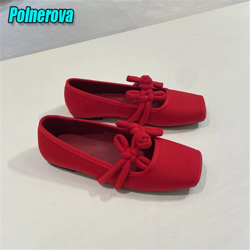 Chinese Knot Ballet Flats for Women Black Red Satin Square Toe Pumps Loafers Summer New Soft Sole Comfortable Casual Shoes
