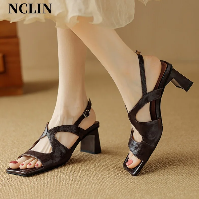 New Genuine Leather Women Sandals Chunky Heel Buckle Strap Platform Sandals Pumps For Women Summer Casual GLADIATOR Women Shoes