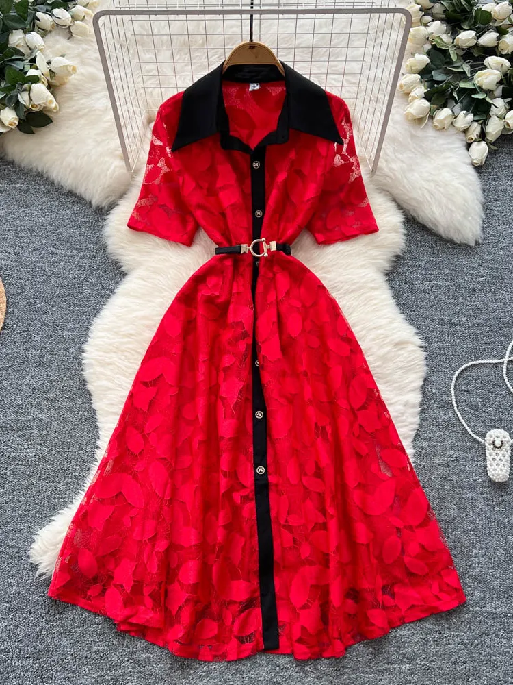 우아한 하이웨이스트 A라인 드레스 한국 스타일 반팔 레이스 여성 드레스 우아한 롱 스커트 컬러 블록 턴다운 칼라