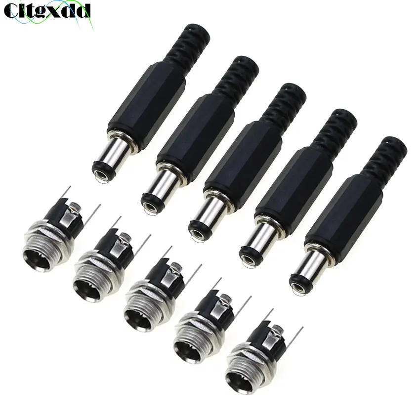 10pcs 5.5mm x 2.1mm 5.5x2.1 DC Power Male Plug Adapter + Female Metal Panel Mount Socket Jack DC Connectors Terminal Adapter