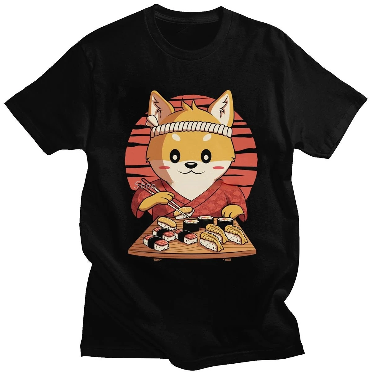 Cute DOG Eating Japanese Sushi Anime Tshirt Trendy Kawaii Shiba Inu Dog T Shirt For Men Short Sleeve  Graphic Tee Tops