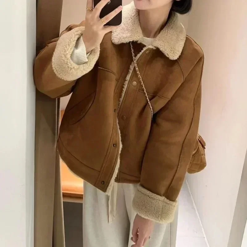 Winter Vintage Suede Jacket Women Korean Fashion Warm Fleece Mustang Jackets Oversize Chic Elegant Outwear Aesthetic Dropship