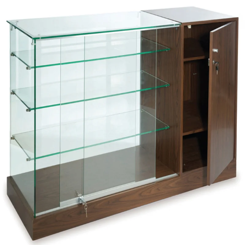 Custom. Frameloze Glazen Display Met Kassa Staan Houten Structuur Met Door Multifunctionele Kassier Teller Glazen Show