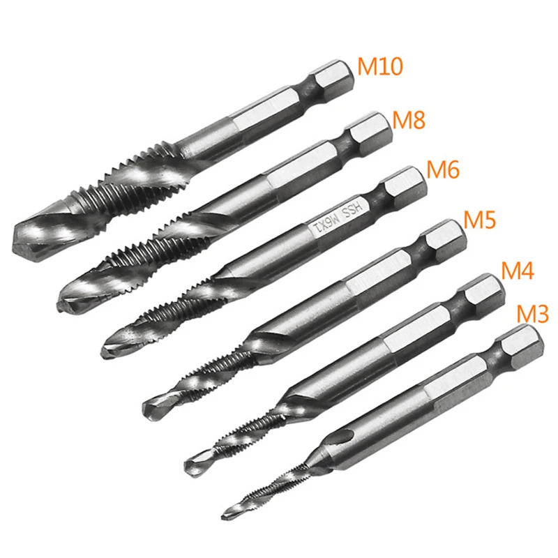 6pcs hexagonal handle composite tap multifunctional drilling and tapping machine with spiral tap, used for drilling tap