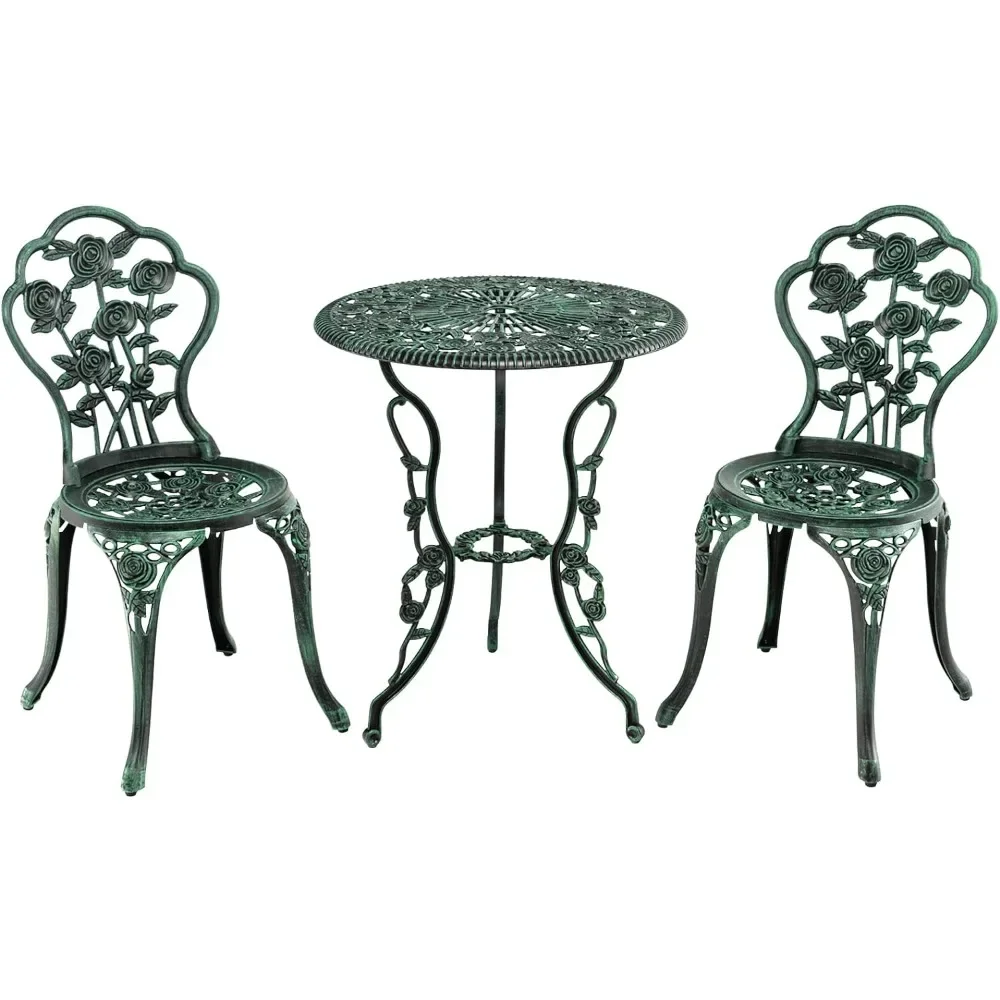 3 Piece Set Cast Aluminum Antique Outdoor Patio Weather Resistant Garden Round Table and Chairs w/Umbrella Hole (Rose Design)