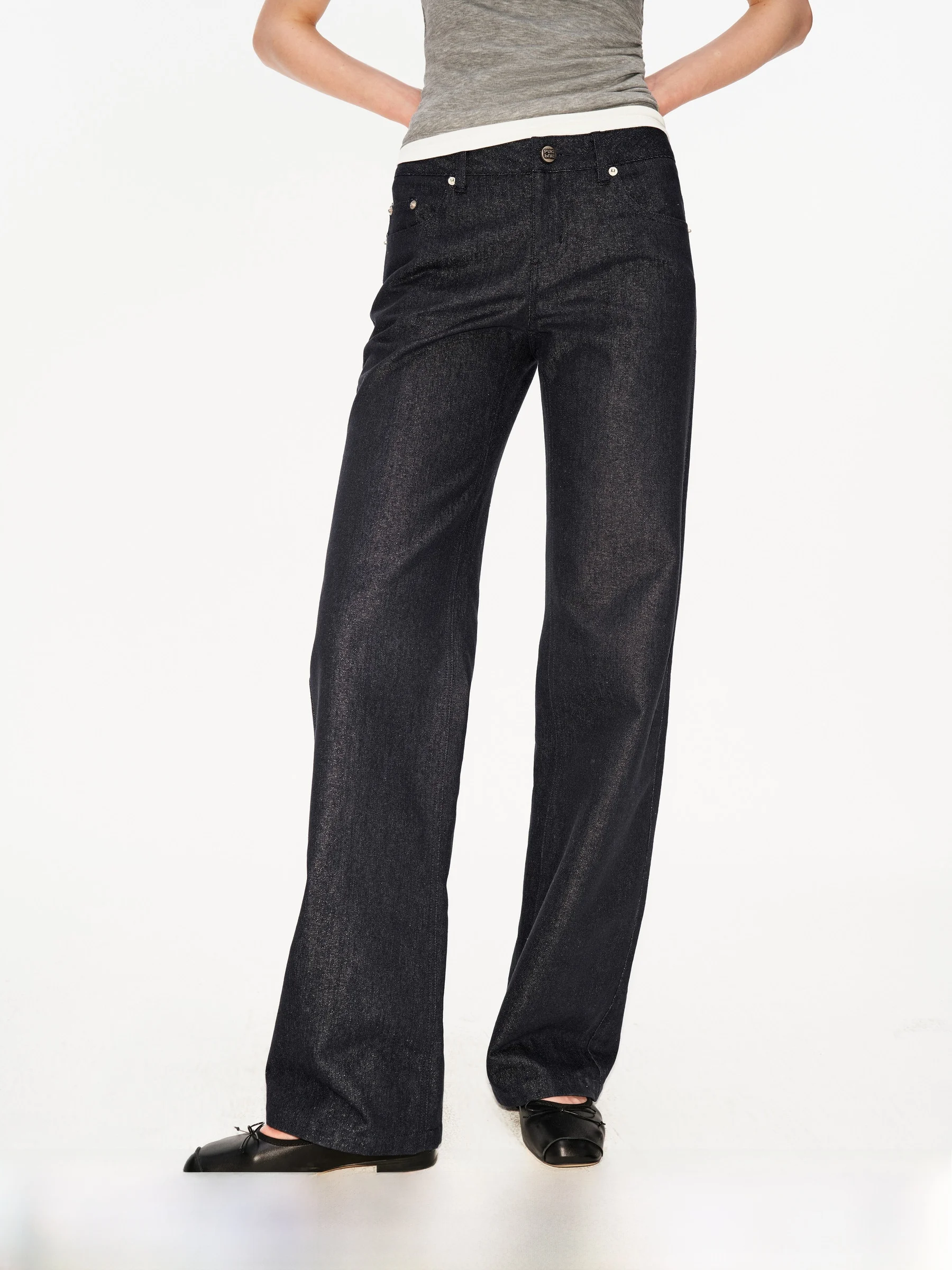 

Low Waist Straight Leg Classic Flaing Narrow Version Commuter Jeans PUKI Ladies Faion Spring Season No Stretch Fabric