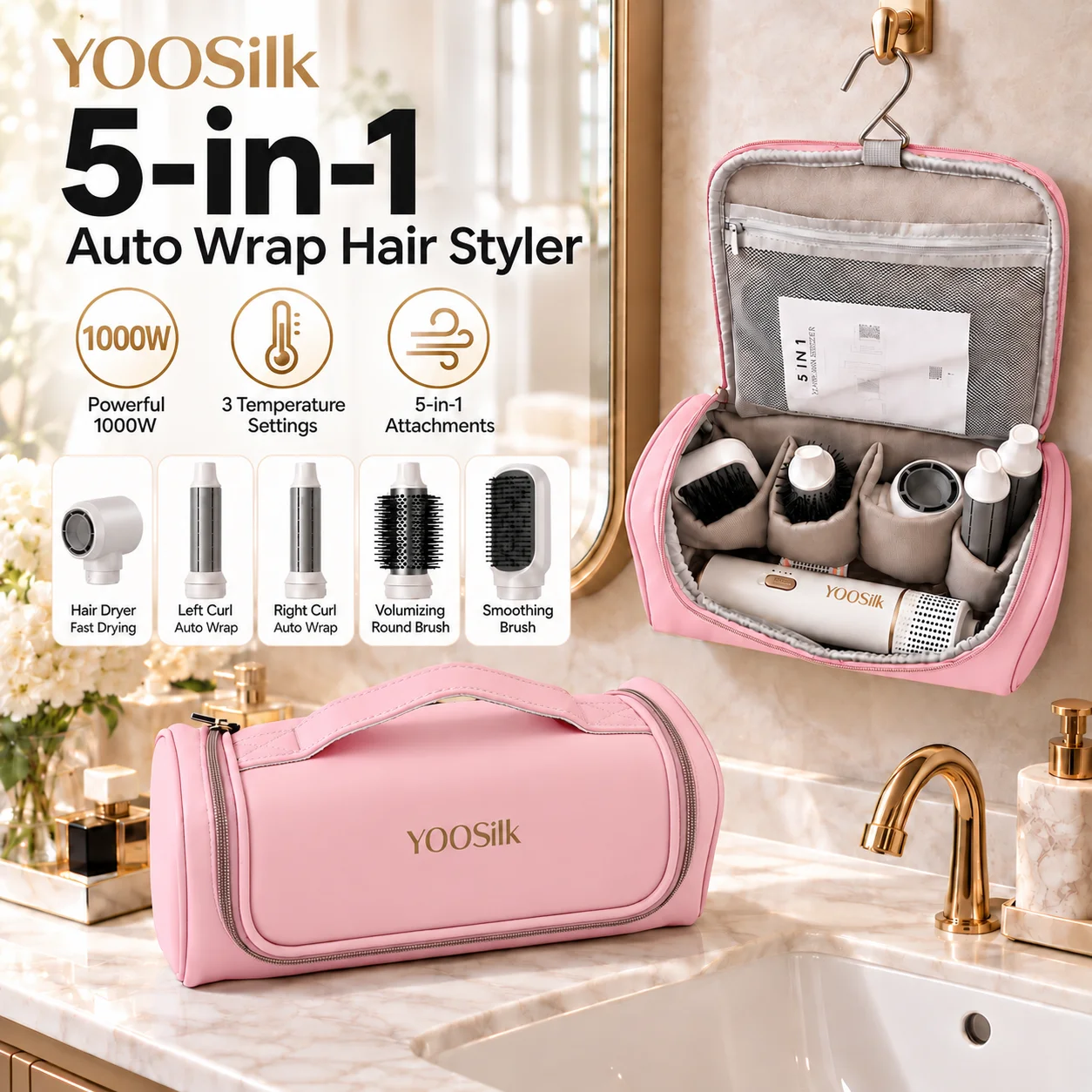 YOOSilk 5 in 1 Auto Wrap Hair Styler Hot Air Brush Hair Dryer Brush Automatic Curler Volumizing Straightening Multi Styler Set