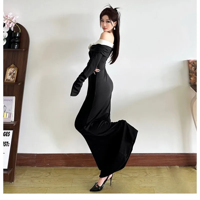 فستان نسائي بتصميم جديد مخيط عصري وأنيق باللون الأسود والأبيض متباين بتصميم شريط زهور ثلاثي الأبعاد #5