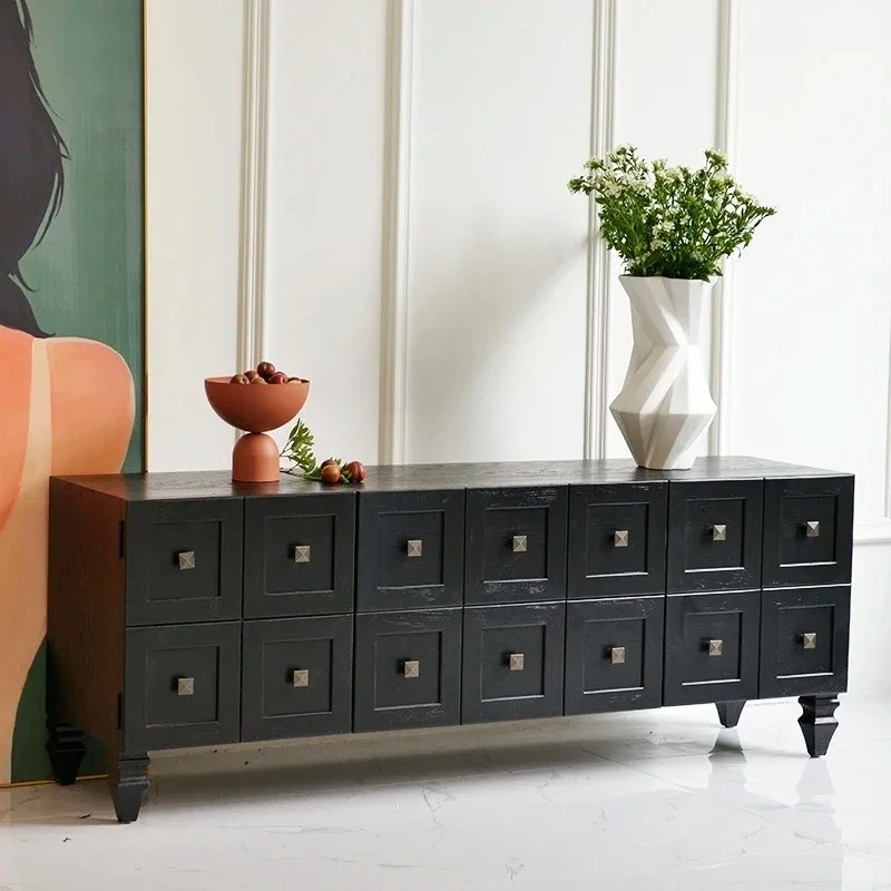 Mobile TV da soggiorno retrò in legno massello nero country americano, armadietto semplice e moderno, mobile TV