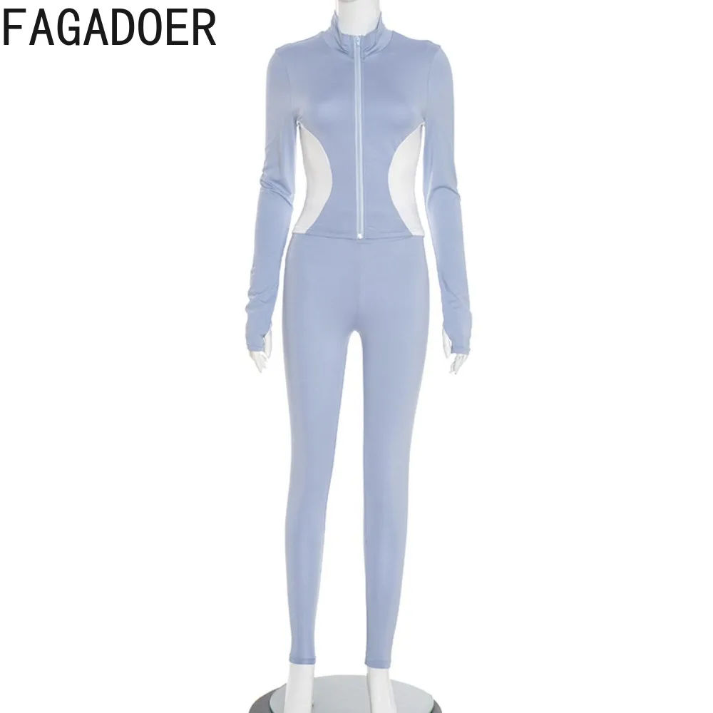 FAGADOER Casual Sports Woman 2 Piece Set Outfit Color Block Zipper Long Sleeve Slim Top and Shorts Midnight Female Streetwear