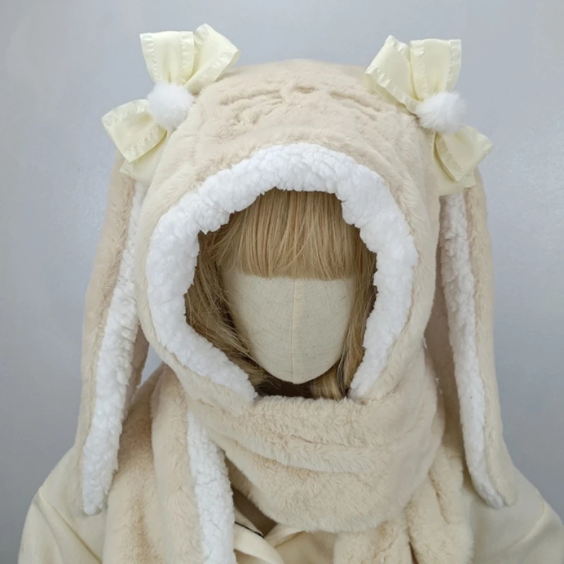 Chapeau en peluche Lolita avec oreilles de lapin japonaises Kawaii, écharpe mignonne, gants, casquette de cyclisme, hiver chaud, doux, épais, chapeaux de poche, capuche