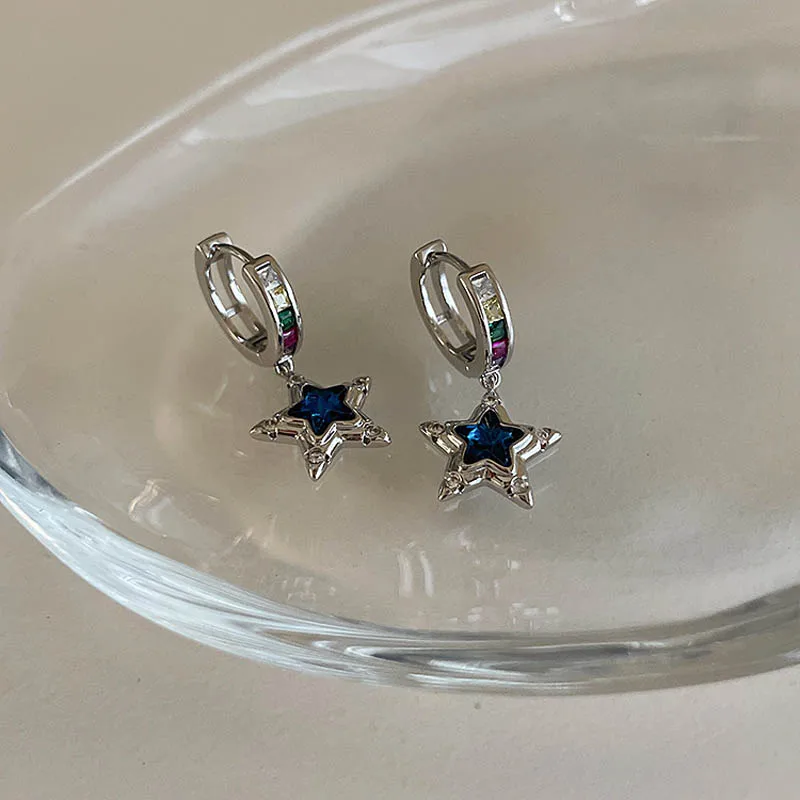 Y2K Trendy Cute Sweet Blue Star Hoop Earrings for Women Girls Simple New Fashion Vintage Earrings Aesthetic Jewelry Gift