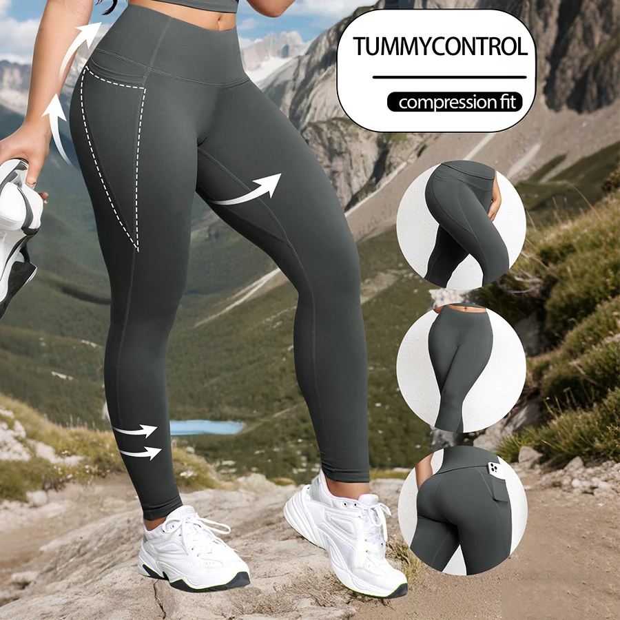 Wanderhose für Damen, Leggings mit Taschen, Bauchkontrolle, Workout-Leggings, dehnbare Workout-Laufhose, Gym-Yoga-Hose, Freizeitkleidung