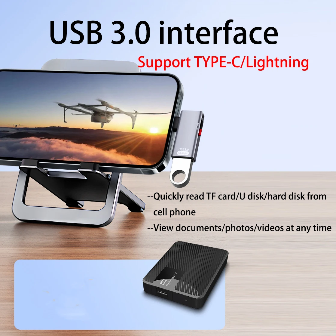 

2-in-1 USB 3.0 & TF Card Reader for iPhone/Type-C - Read U Disk/Hard Drive, Fast Transfer, Alloy Metal