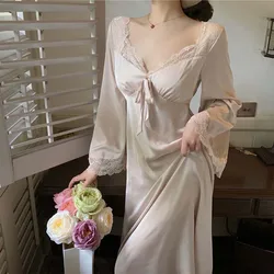 Women Nightgowns French Court Style Nightdress Solid V-neck Lace Bow Lace Long Dress Fairy Sweet Elegant Casual Chic Nightdress