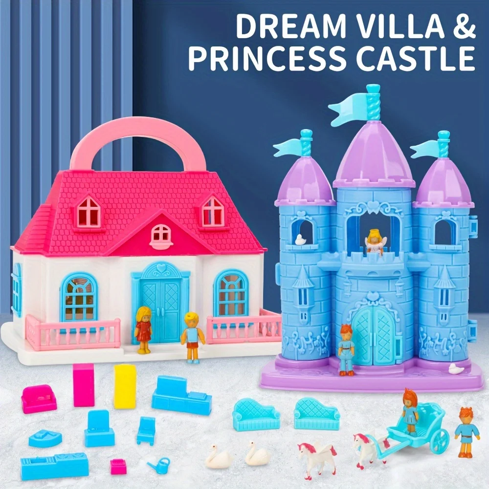 14 Pcs Castle Doll House Contains  Dream House Doll Furniture Accessories, Pretend Cottage Dollhouse,  Gift for boys & girls 3+