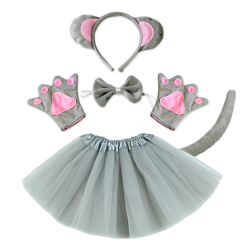 Kids Children Girl Grey Mouse Rat Ear Headband Bow Nose Tails Skirt Animals Party Birthday Halloween Costume Cosplay