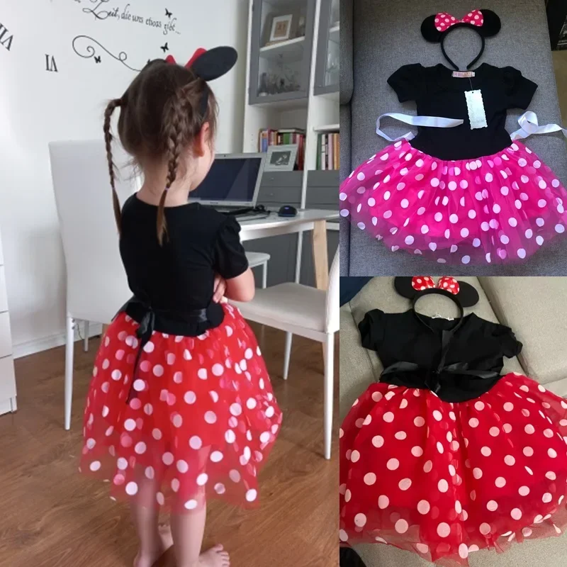 Halloween Minni Mouse Cartoon Kids Short Sleeve Polka Dot Princess Dress Party Baby Girls Clothes Christmas Cosplay Costume 1-6Y