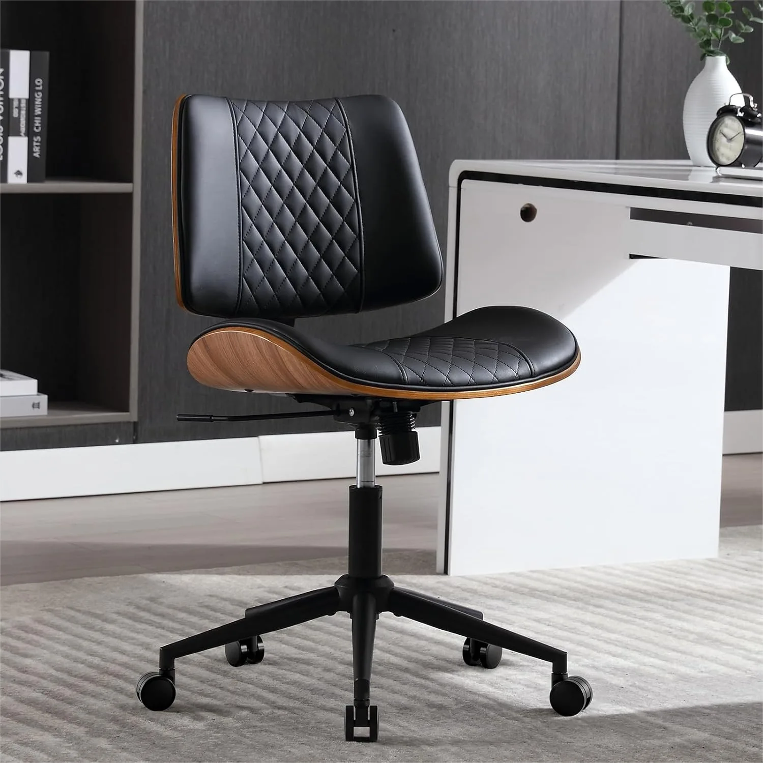 Home Office Chair No Arms with Wheels, Adjustable Height PU Leather Mid Back Swivel Computer Chair, Modern Walnut for Office