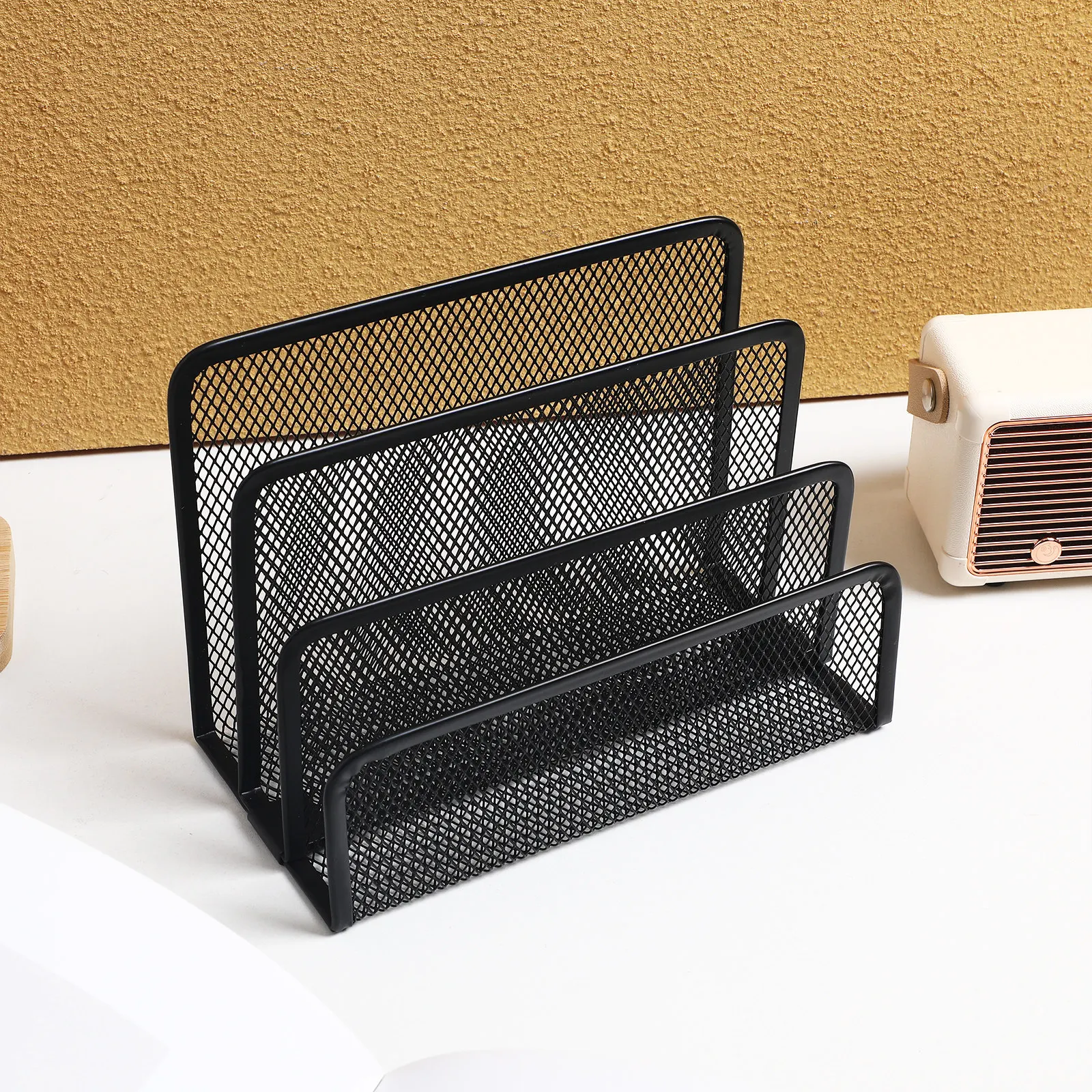 

Vertical File Organizer Metal Mesh Desktop Document Holder with 3 Sections Letter Storage Rack for Office School Classroom Use