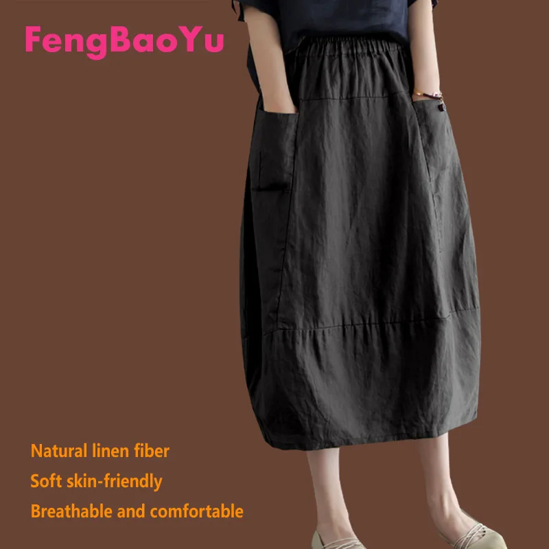 

Fengbaoyu Linen Lady's Half-length Dress in Spring Summer New Style Leisure Large-size A-character Pink Long Skirt Free Shipping