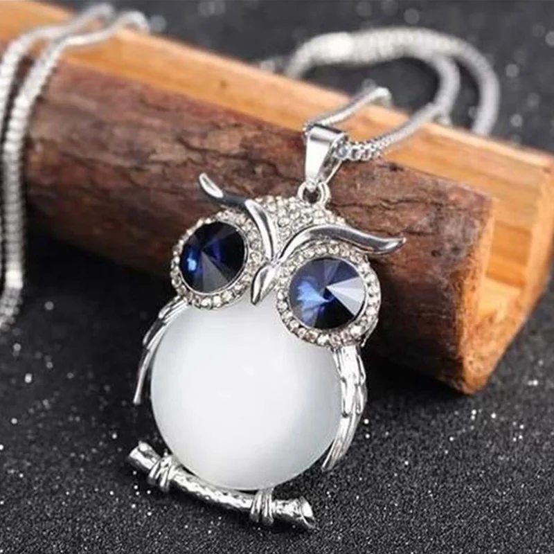 Fashion Cute Owl Pendant Necklace for Women Long Sweater Chain Rhinestone Necklaces Clothing Accessories Personality Jewelry