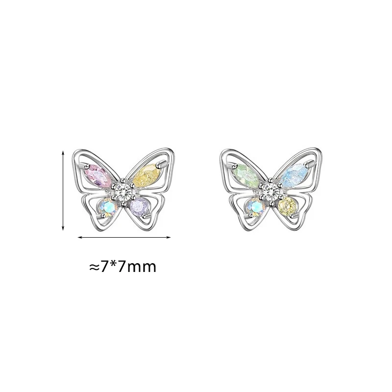 Silver Color Colorful Zircon Hollow Butterfly Stud Earrings for Charm Women Fashion Jewelry Geometric Accessories