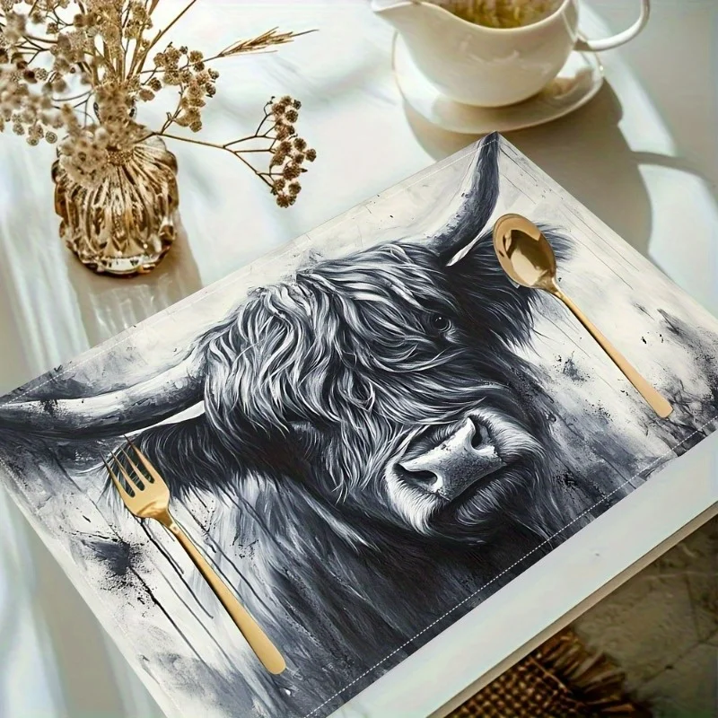 2/4/6 قطعة من مفارش كتان البقرة الاسكتلندية | مستطيلة قابلة للغسل باليد | مثالية للمطبخ والحفلات والعطلات #4