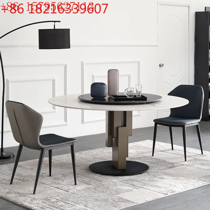 Italian bronze rock slab round dining table and chair combination size apartment restaurant simple modern household round table