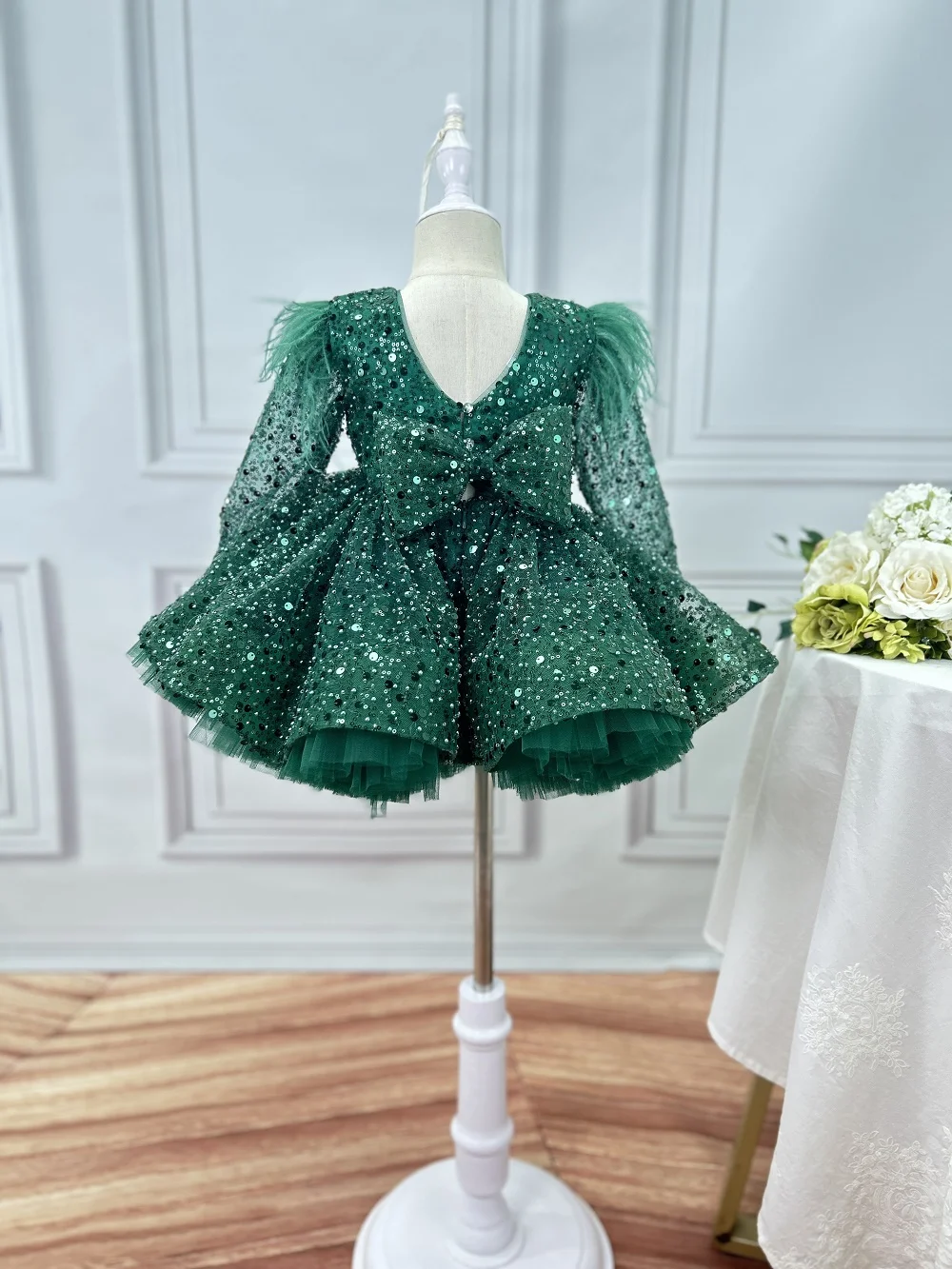 slim fit dress slacks Bead Sequin Mesh A-line Long Dress w/ Sheer Puff Sleeves – Glow & Style main image 0