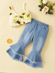 Summer European And American Style Girl Baby Street Style Suit Sunflower Bow Halter Shirt Flared Jeans Trousers Two-Piece Set