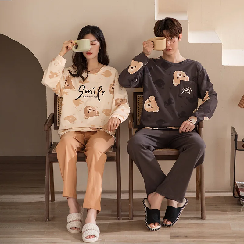 

New Sleepwear Couple Men and Women Matching Home Suits Cotton Pjs Cartoon Printing Leisure Nightwear Pajamas for Spring Autumn