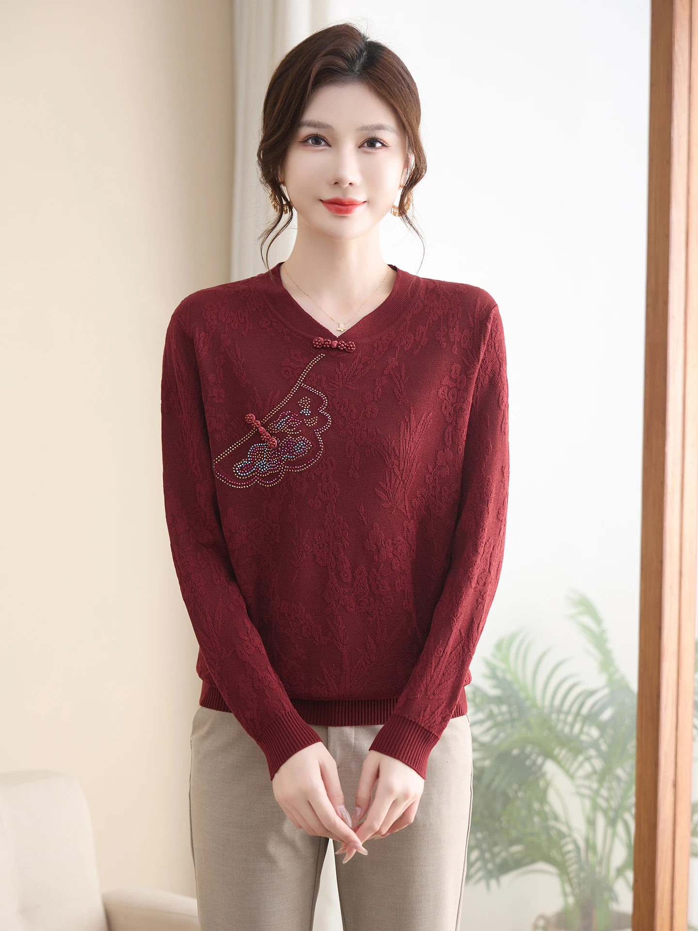 Retro Chinese Sle Long Sve Knitted Sweater Stand Collar Embroidered Rhinestone Mid-aged And ly Pure Color Small irt