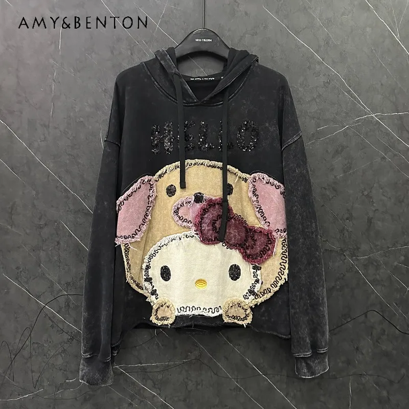 

2025 Autumn Heavy Industry New Cartoon Patch Embroidery Cat Hooded Sweatshirt Women's Loose Sweet Style Versatile Top Hoodies
