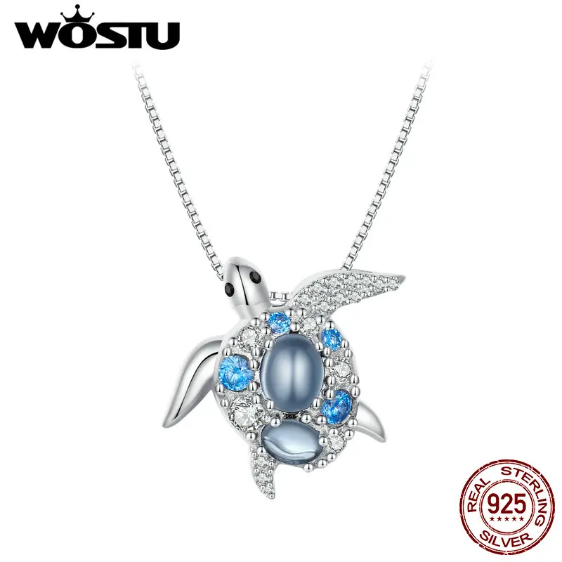 WOSTU 925 Sterling Silver Ocean Sea Turtle Necklace Pendant For Women Shiny Blue Spinel Zircon Holiday Jewelry Birthday Gift