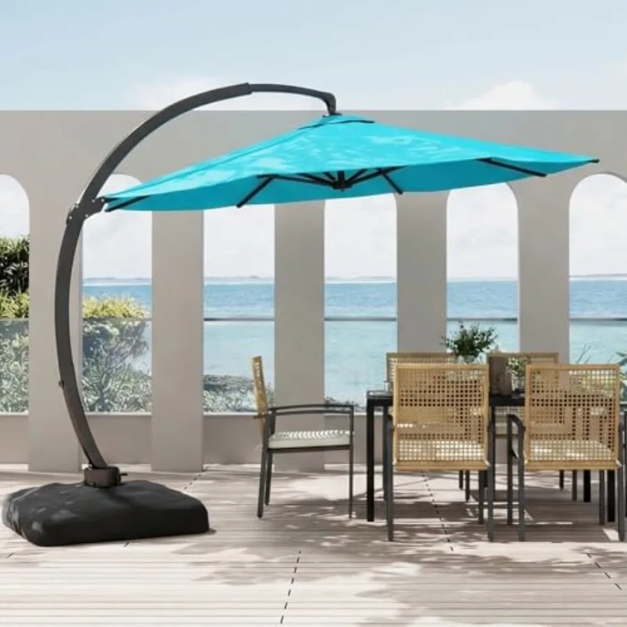 Patio, pool, garden, backyard use; polyester fabric; beige; 11-foot cantilever with 360 rotation and included heavy-duty base
