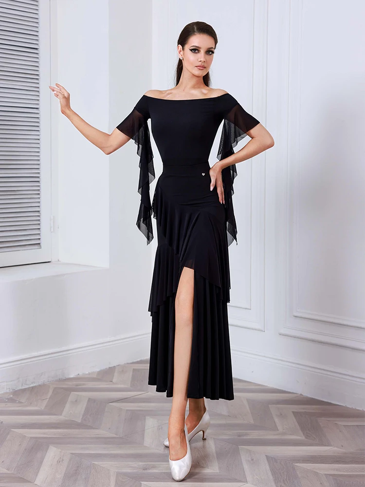 2025 schwarz Ballroom Dance Kleid Standard Modern Dance Kleidung Frauen Walzer Leistung Tragen Off Schulter Body Rock AMY 2555