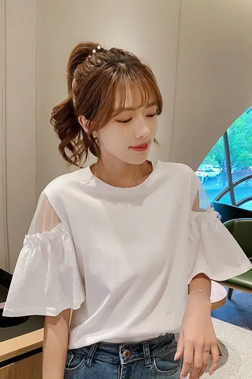 

Women's Short-sleeved T-shirt Short Style 2025 New Arrival Korean Fashion Loose Fit Half-sleeve Off-shoulder Top, Summer