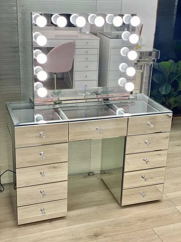 Top Seller Contemporary Crushed Diamond Mirrored Vanity Table with 13 drawers Mirrored Dressing Table Dresser