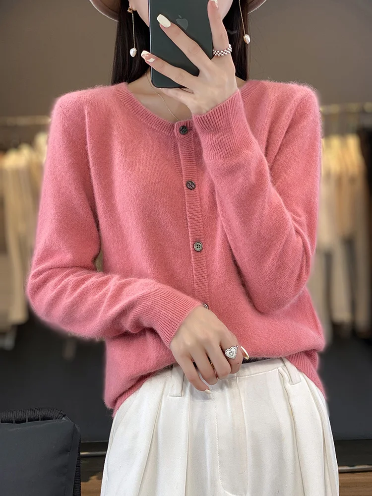 Elegant Women 100% Mink Cashmere Cardigan O-Neck Sweater Autumn Winer Female Clothing Solid Color Knitwear Clothing Coat Tops