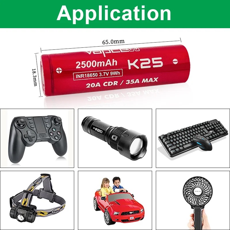 K25 vapcell INR 18650 3.7V 2500mAh 20A/35A แบตเตอรี่ลิเธียมไอออน18650ในปัจจุบันสูงคล้ายกับแบตเตอรี่25R