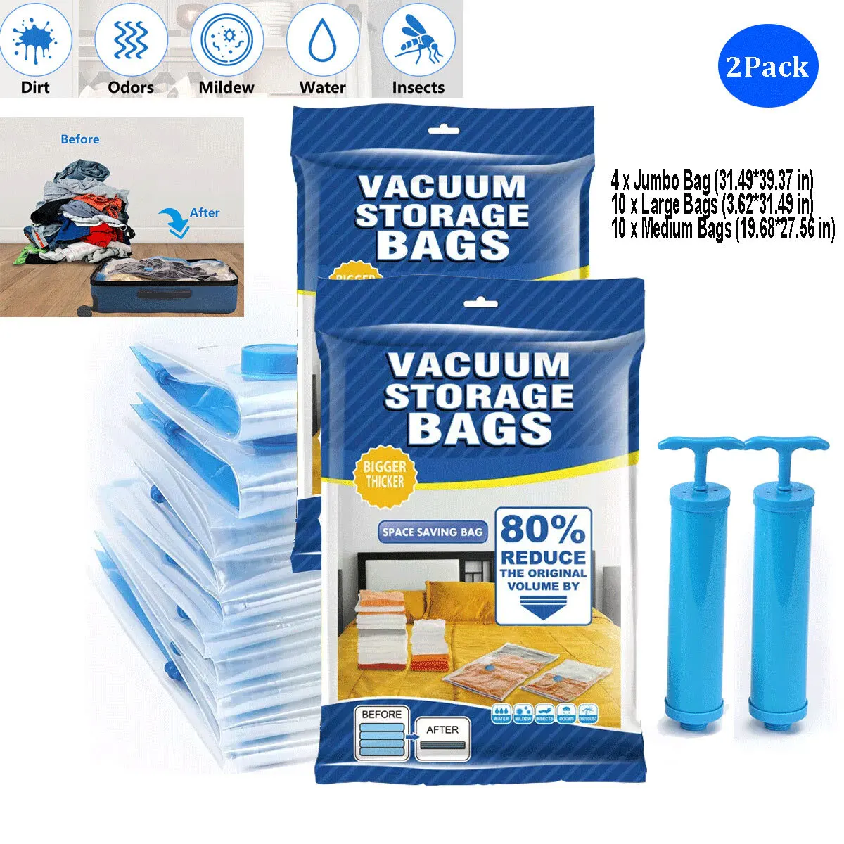 

Jumbo Vacuum Storage Bags 24 Pack Travel Space Saver for Clothes Garments Underwear Sweaters Blankets Hand Pump Included